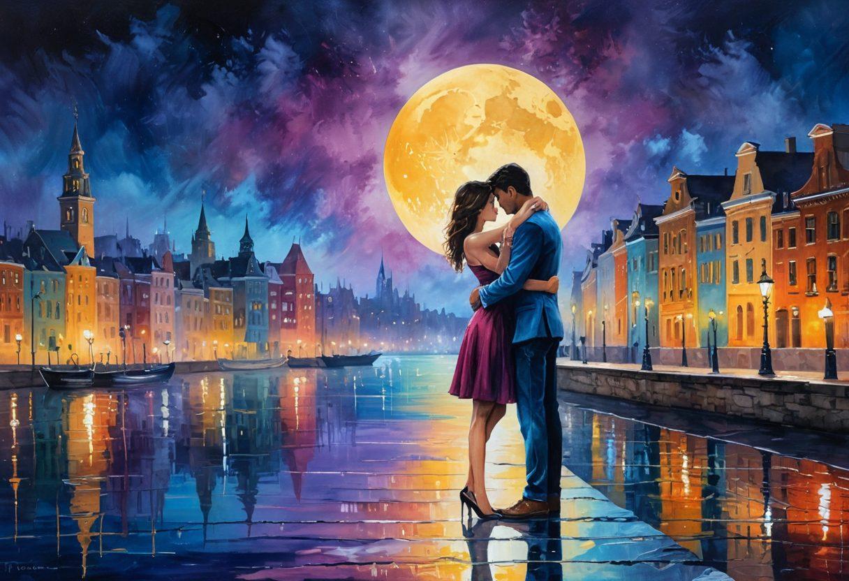 Two lovers in a passionate embrace under a moonlit sky, with a backdrop of an elegant cityscape. Their eyes locked, capturing a moment of deep connection, surrounded by a soft, romantic glow. The scene should evoke feelings of intimacy and passion, emphasizing their emotional bond. painting style. vibrant colors. dreamy atmosphere.