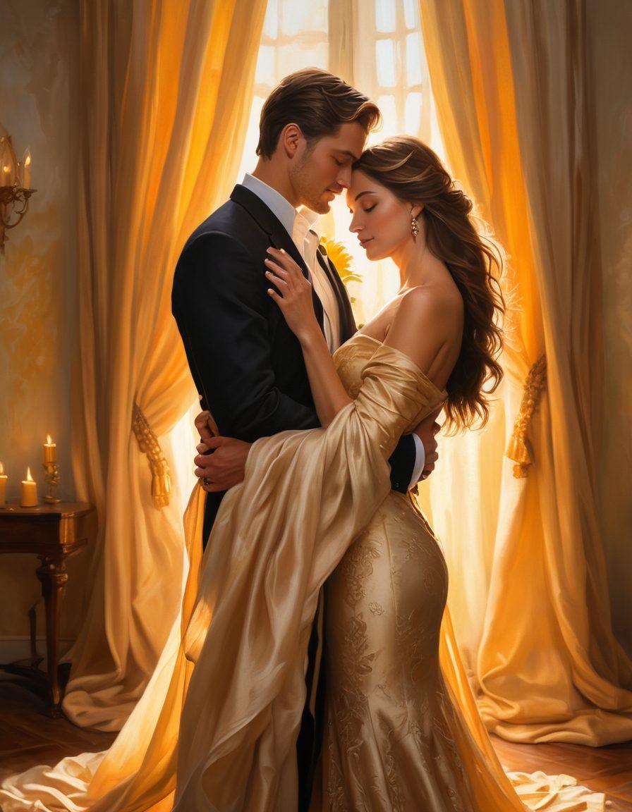 A passionate, intimate scene featuring a couple in a romantic embrace, bathed in warm, golden light, surrounded by soft, flowing drapes and candlelight. Their expressions should convey deep affection and connection, with a backdrop of an elegant, luxurious setting to evoke the essence of epic romance. oil painting. rich textures. warm hues.